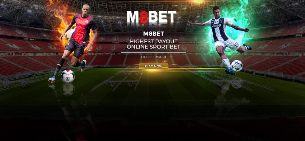 Comprehensive sports betting options at m8bet, featuring dynamic football action in a modern stadium with the M8BET logo and a play-now call-to-action highlighting highest payouts.