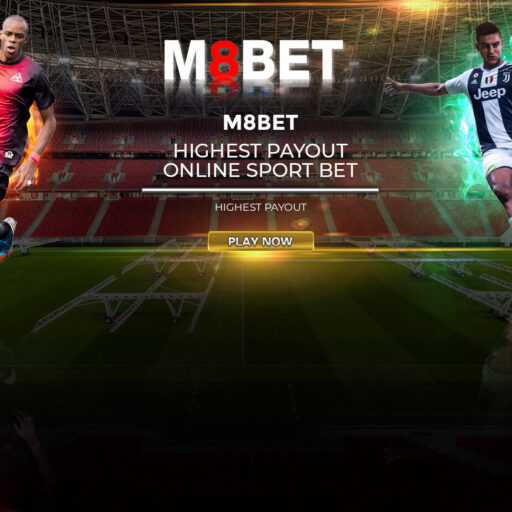 Comprehensive sports betting options at m8bet, featuring dynamic football action in a modern stadium with the M8BET logo and a play-now call-to-action highlighting highest payouts.