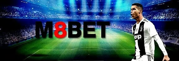 m8bet premium sportsbook banner featuring a soccer player in black and white striped jersey on a dramatic stadium background with professional lighting and the M8BET logo prominently displayed