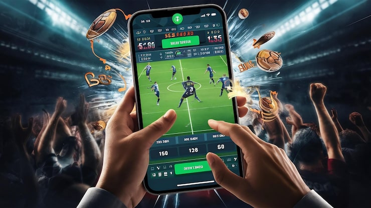 Best Apps for Sports Betting: M8BET Mobile Experience — hands holding a smartphone running the m8bet app with live in‑play football markets and real‑time odds, highlighting quick market access, live streaming, secure deposits/withdrawals, and push notifications on Android and iOS.